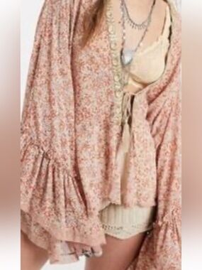 Free People Peach Floral Tie-Front Tunic Sz SP